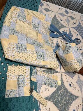 Quilted Patchwork Tote Set in Yellow & Light Blue
